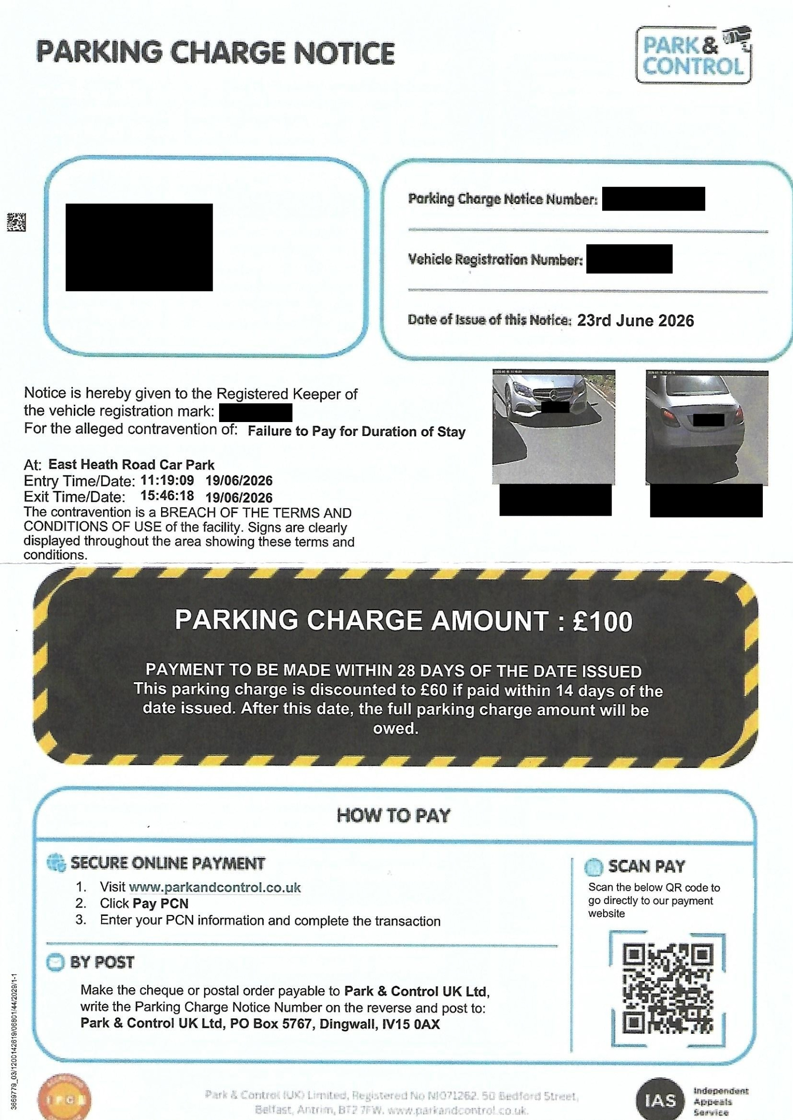 Park & Control PCN – Failure to Pay for Duration of Stay – East Heath ...