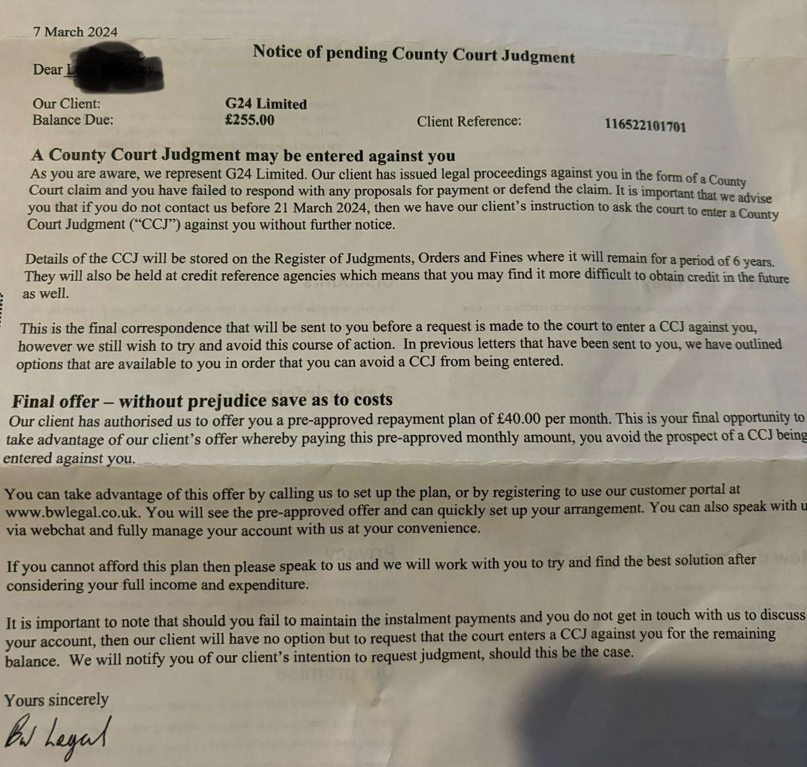 BW Legal - CCJ Issued against me — MoneySavingExpert Forum