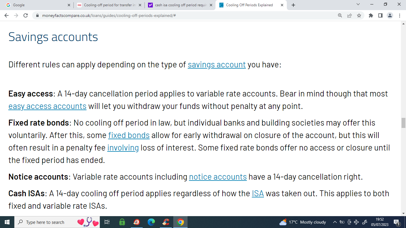 Coolingoff period for transfer into Fixed Rate Cash ISA