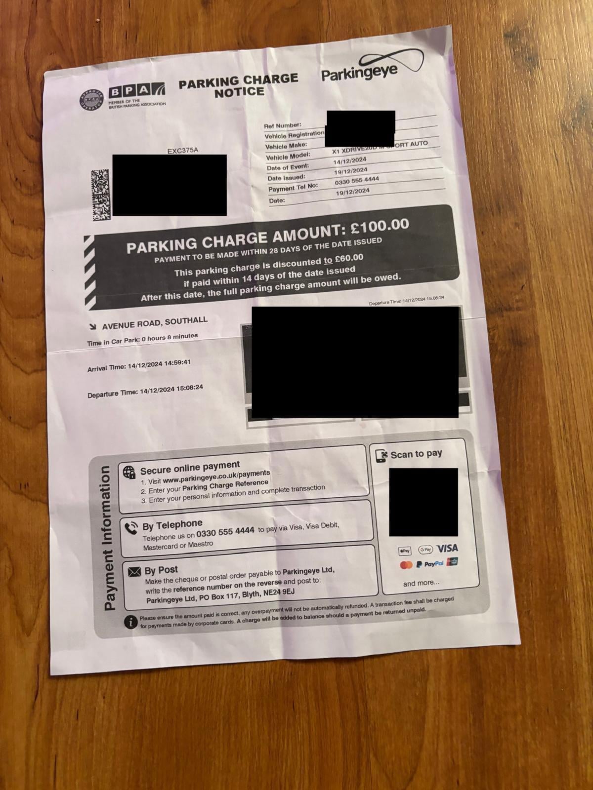 Parking EYE PCN No Payment Received Avenue Rd Southall 