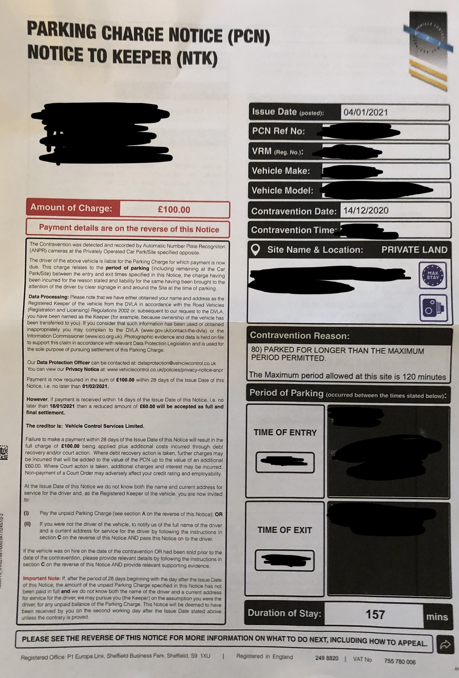 Vehicle Control Services (VCS) Parking Charge Notice for ANPR received