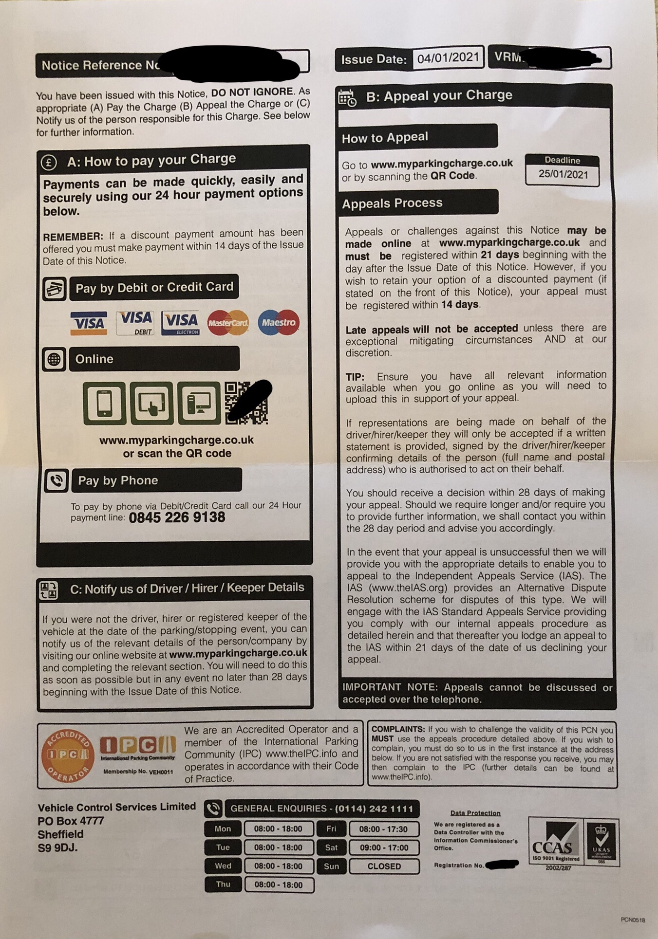 Vehicle Control Services (VCS) Parking Charge Notice for ANPR received